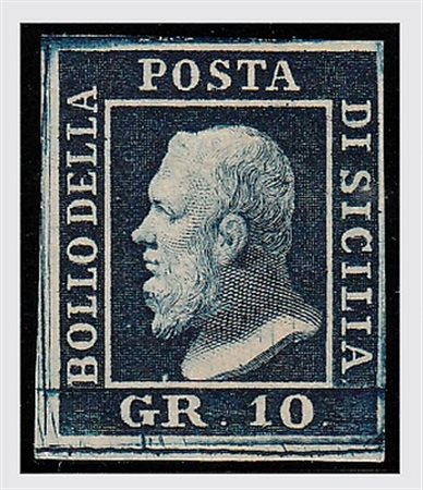 SICILIA - 1859, 10 grana indaco (12b) posizione n.92, gomma brunita. (A....