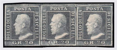 SICILIA - 1859, 20 gr. grigio ardesia (13) striscia di tre fresca e ben...