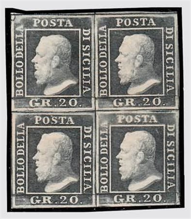 SICILIA - 1859, 20 gr. grigio ardesia (13) in fresco blocco di quattro. Di...