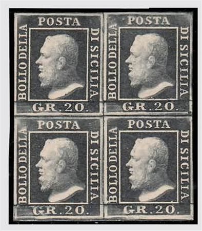 SICILIA - 1859, 20 grana nero ardesia (13a) blocco di quattro nuovo con gomma...