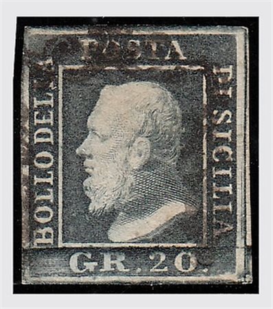 SICILIA - 1859, 20 gr ardesia scuro (13c) ben marginato ed annullato....