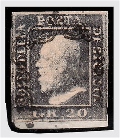 SICILIA - 1859, 20 gr. ardesia violaceo con parziale doppia stampa (13d/e) su...