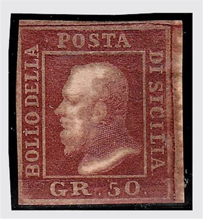 SICILIA - 1859, 50 gr. lacca bruno (14) stampa oleosa, gomma integra....