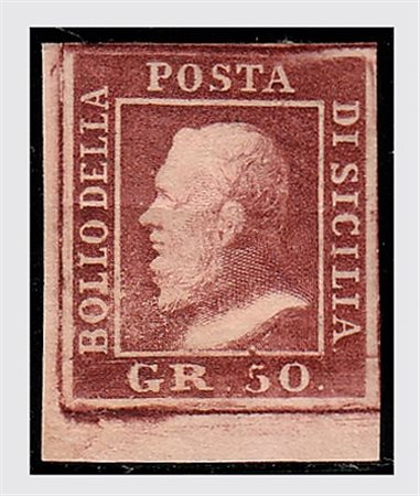 SICILIA - 1859, 50 gr. lacca bruno (14) angolo di foglio inferiore sinistro,...