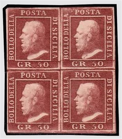 SICILIA - 1859, 50 gr. lacca bruno (14) in blocco di quattro con due...