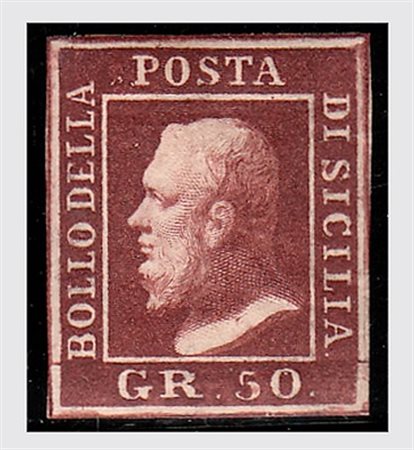 SICILIA - 1859, 50 gr. lacca bruno scuro violaceo (14b). gomma integra. Molto...