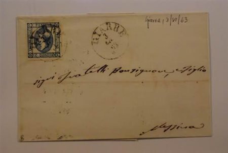 SICILIA ANNULLAMENTI - 1863, GIARRE cerchio sardo italiano (p.8) su 15 c....