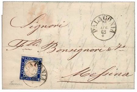 SICILIA ANNULLAMENTI - 1863, PALAGONIA cerchio sardo italiano (p.12) su 15 c....