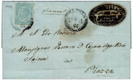 SICILIA ANNULLAMENTI - 1864, SIRACUSA cerchio con palme su 15 c. (L18) su...