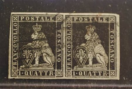 TOSCANA - 1852, 1 quattrino nero su azzurro (1a) coppia di bella qualità....