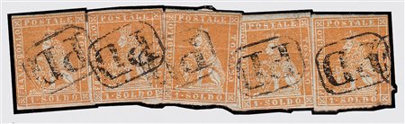 TOSCANA - 1851, 1 soldo ocra su grigio (2) 5 esemplari ancora aderenti al...