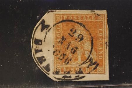 TOSCANA - 1856, 1 s.bistro arancio su grigio (2d) su piccolo frammento...