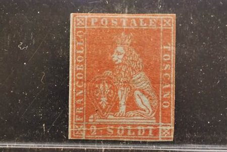 TOSCANA - 1851, 2 soldi scarlatto su azzurro (3) esemplare fresco e di colore...