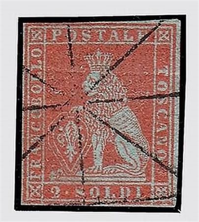 TOSCANA - 1851, 2 soldi scarlatto su azzurro (3). Raro e di buona qualità....