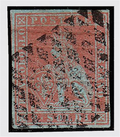 TOSCANA - 1851, 2 s. scarlatto su azzurro (3) ben marginato. (Em. Diena,...