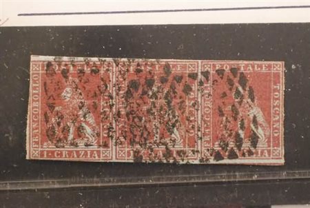TOSCANA - 1851, 1 cr. carminio cupo su azzurro (4a) striscia orizzontale di...