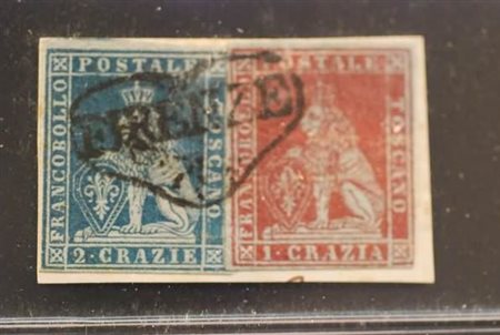 TOSCANA - 1851, 1 cr. carminio cupo su azzurro (4a) + 2 cr.azzurro vivo su...