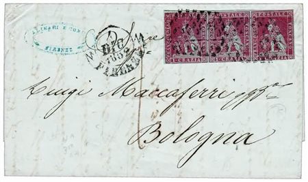TOSCANA - 1852, 1 cr. carminio cupo su azzurro (4a) striscia di 3, ben...