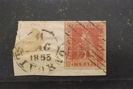 TOSCANA - 1851, 1 cr. carminio su azzurro (4b) con ottimi margini, su...