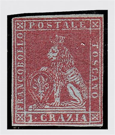 TOSCANA - 1851, 1 cr. carminio violaceo su azzurro (4c) ottimamente...