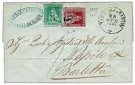 TOSCANA - 1855, 1 cr. carminio su grigio (4d) + 2 cr. azzurro chiaro su...