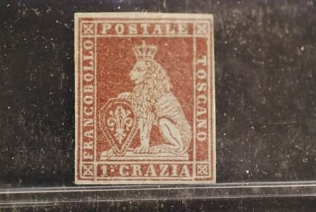 TOSCANA - 1851, 1 cr. carminio bruno su grigio (4e), ben marginato,...