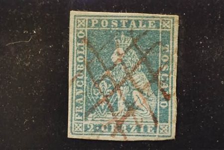 TOSCANA - 1851, 2 cr. azzurro chiaro su grigio (5) annullato con tratti di...