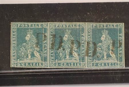TOSCANA - 1851, 2 cr. azzurro chiaro su grigio (5) striscia orizzontale di 3,...