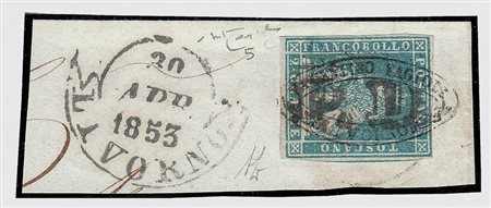 TOSCANA - 1851, 2 cr. azzurro chiaro su grigio (5) su frammento da Livorno,...