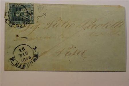 TOSCANA - 1856, 2 cr. verde azzurro su grigio (5f) esemplare con difetto...