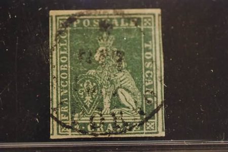 TOSCANA - 1851, 4 cr. verde su grigio (6) margini molto ampi.(USATO)