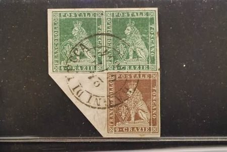 TOSCANA - 1851, 9 cr. bruno violaceo su grigio (8) + 4 cr. verde su grigio...