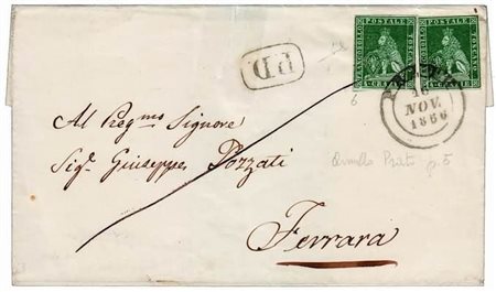 TOSCANA - 1856, 4 cr. verde su grigio (6) due esemplari su lettera da Prato...