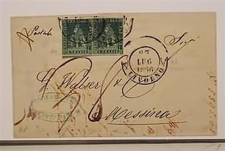 TOSCANA - 1856, 4 cr. verde su grigio (6) coppia orizzontale appena corta in...