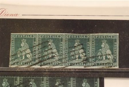 TOSCANA - 1851, 4 cr. verde azzurro su azzurro (6a) striscia orizzontale di...