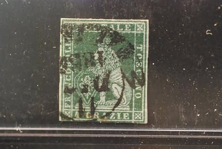 TOSCANA - 1851, 4 cr. verde giallo scuro su grigio (6d). (Cert....