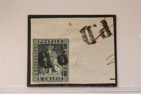 TOSCANA - 1851, 6 cr.ardesia su grigio (7) su frammento annullatocon doppia...
