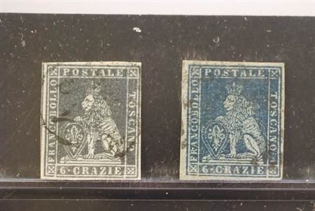 TOSCANA - 1851, 6 cr. ardesia su grigio (7) e 6 cr.indaco su azzurro (7a) due...