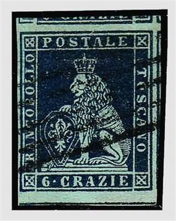 TOSCANA - 1851, 6 crazie indaco su azzurro (7a) con margini straordinari e...