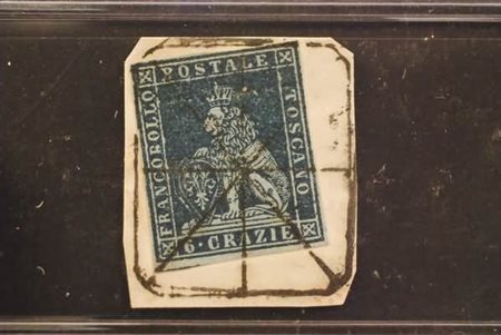 TOSCANA - 1851, 6 cr. indaco su azzurro (7a) su piccolo frammento con annullo...