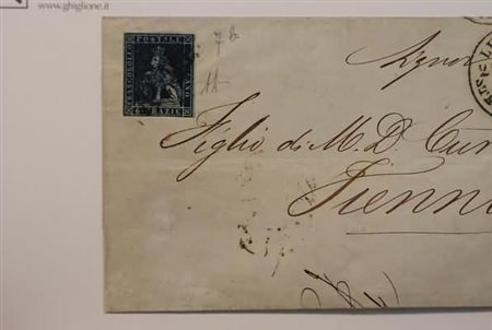 TOSCANA - 1853, 6 cr. azzurro violaceo su azzurro (7b) su lettera da "Livorno...