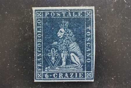 TOSCANA - 1851, 6 crazie azzurro scuro su azzurro (7c) con margini da grandi...