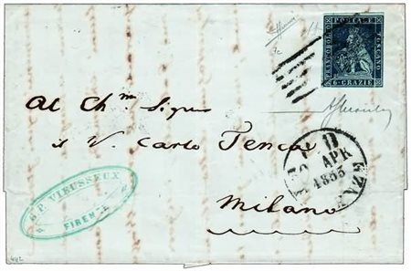 TOSCANA - 1853, 6 cr.azzurro scuro su azzurro (7c) su lettera spedita da...