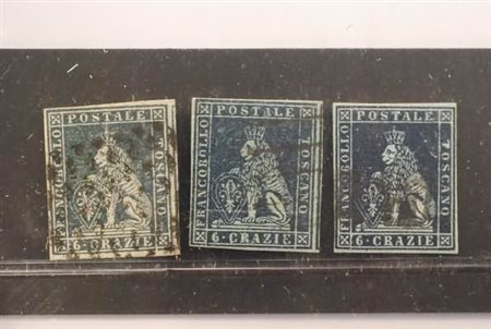 TOSCANA - 1851, 6 cr. ardesia su grigio (7) + 6 cr.indaco su azzurro (7a) + 6...