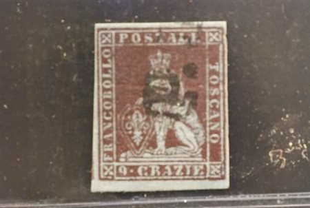 TOSCANA - 1851, 9 cr. viola bruno scurissimo su azzurro (8a) splendido...
