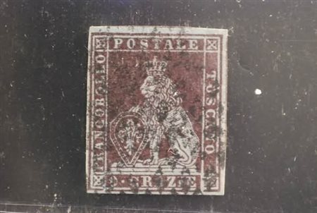 TOSCANA - 1851, 9 cr. viola bruno scurissimo su azzurro (8a) quattro grandi...