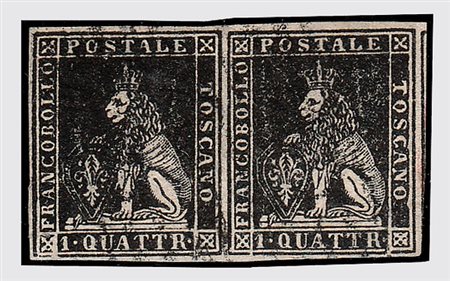 TOSCANA - 1857, 1 q. nero su carta bianca (10) coppia orizzontale molto ben...