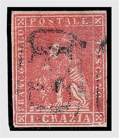 TOSCANA - 1857, 1 cr. carminio (12) margini bianchi completi e due...