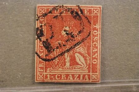 TOSCANA - 1857, 1 cr. carminio (12). (Cert. Raybaudi).(USATO)
