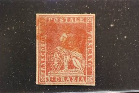 TOSCANA - 1857, 1 cr. carminio (12) margini bianchi completi, annullo "PD" in...